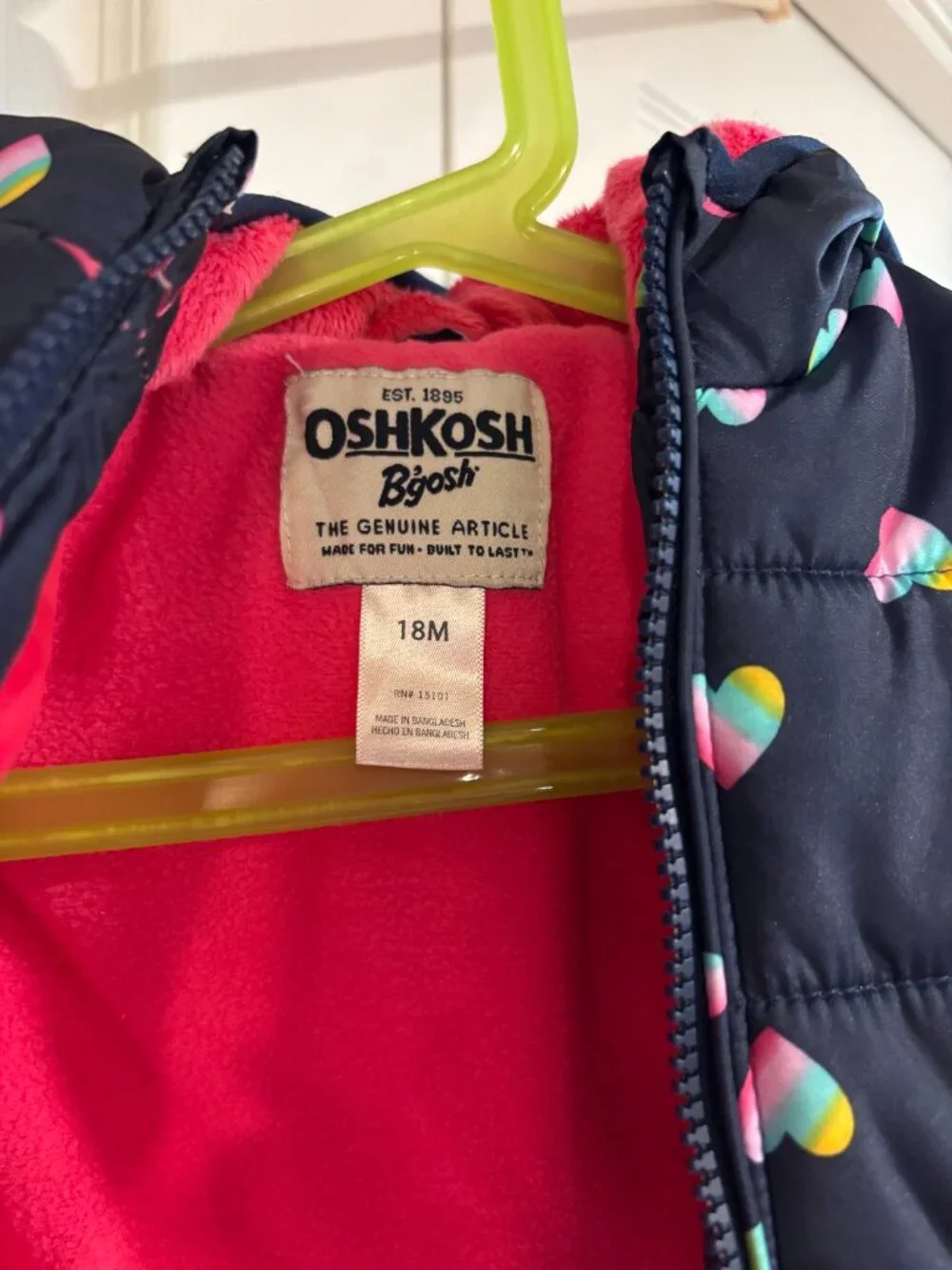 OshKosh B'Gosh Puffer Coat Navy Blue Rainbow Hearts Girl's 18m